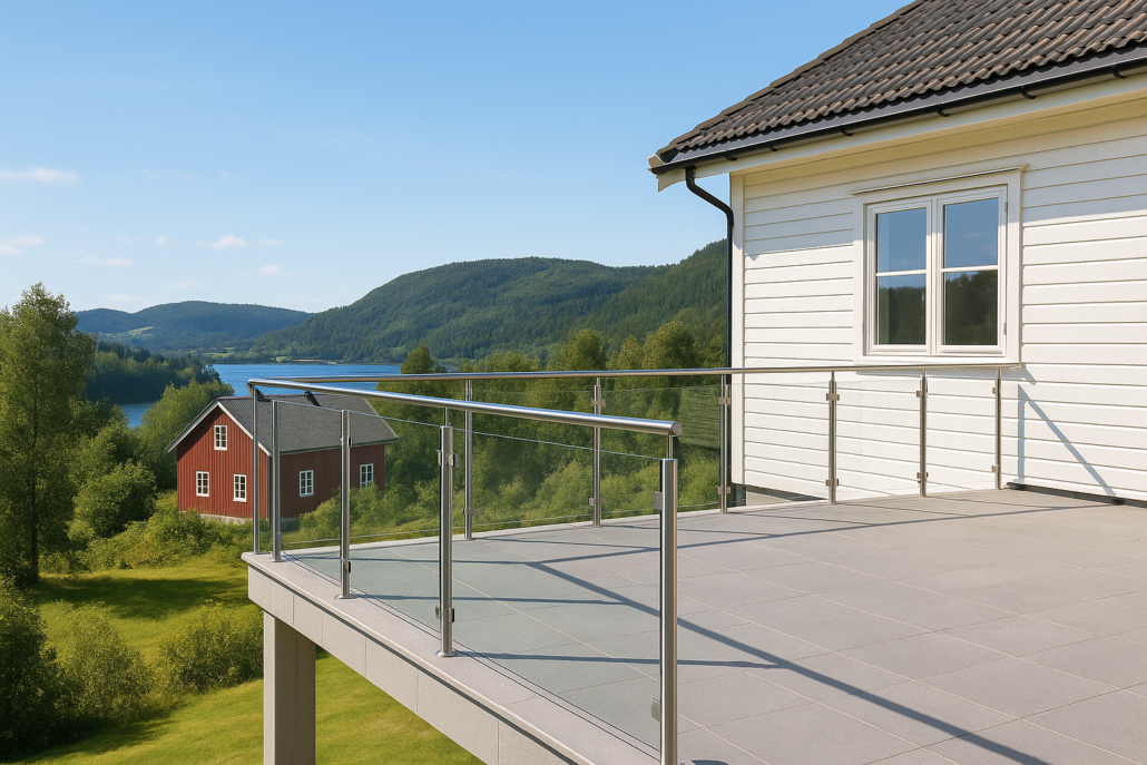 Glassrekkverk montert på terrasse med utsikt over hage og boligområde