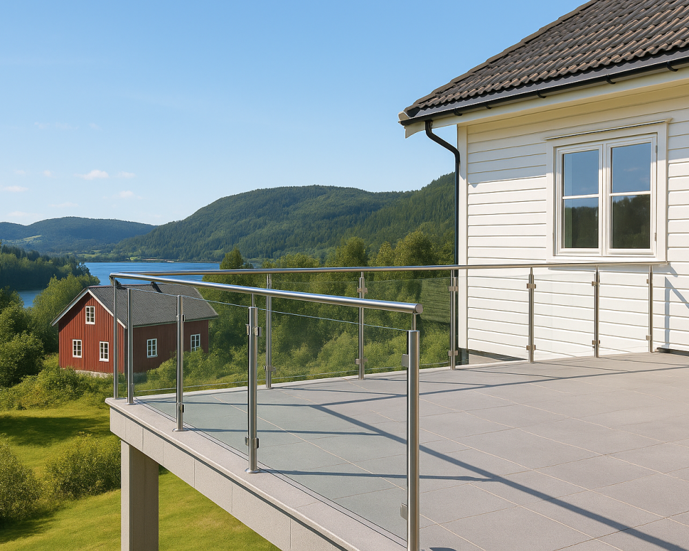 Glassrekkverk montert på terrasse med utsikt over hage og boligområde